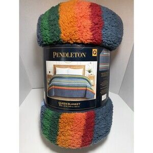 New Pendleton Sherpa Fleece Serape Stripe Blue Queen Size Blanket (1623498)